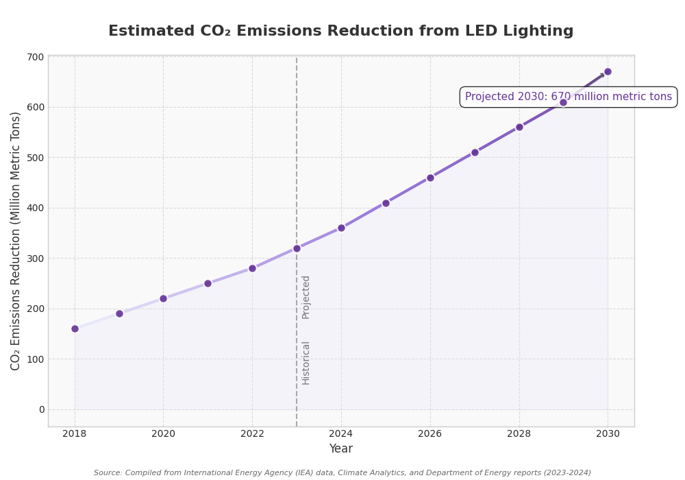 Line graph showing CO2 emissions reduction from LED lighting, increasing from 2018 to a projected 670M metric tons by 2030.