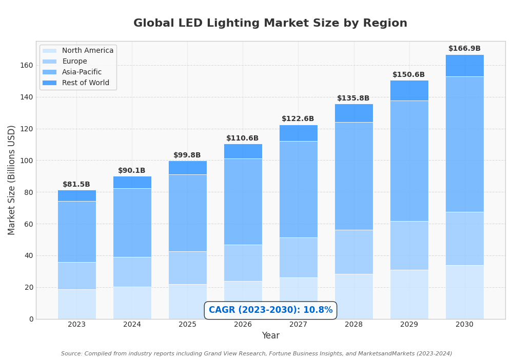 Global LED lighting market size forecast by region, showing growth from 2023-2030 with a CAGR of 10.8%.
