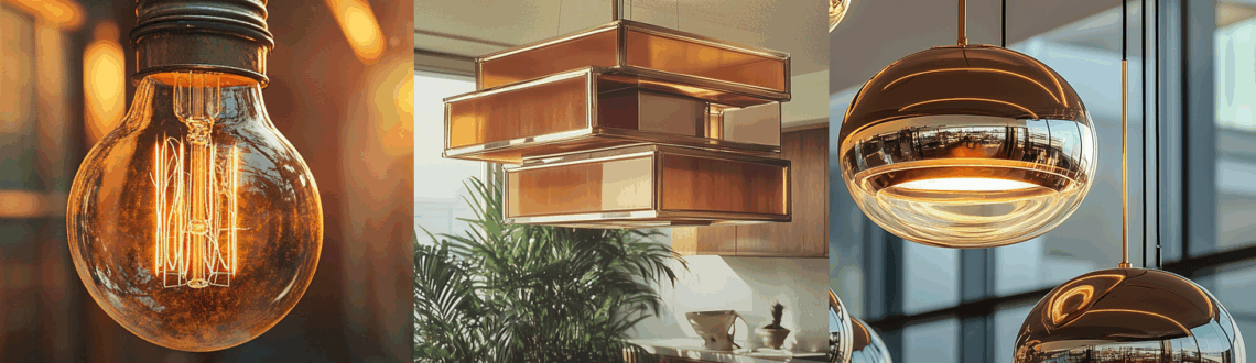 Evolution of lighting: 1800s vintage bulb, 1900s geometric chandelier, 2000s modern spherical pendant lights.