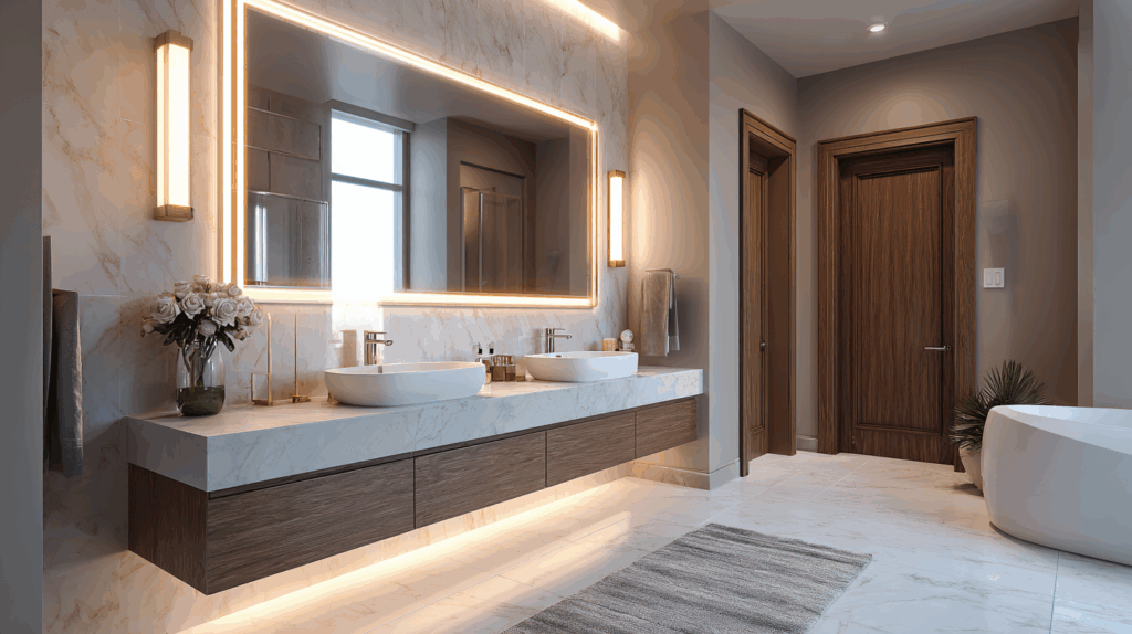 Modern bathroom interior with dual sinks, large mirror, and luxurious lighting on marble and wood decor.