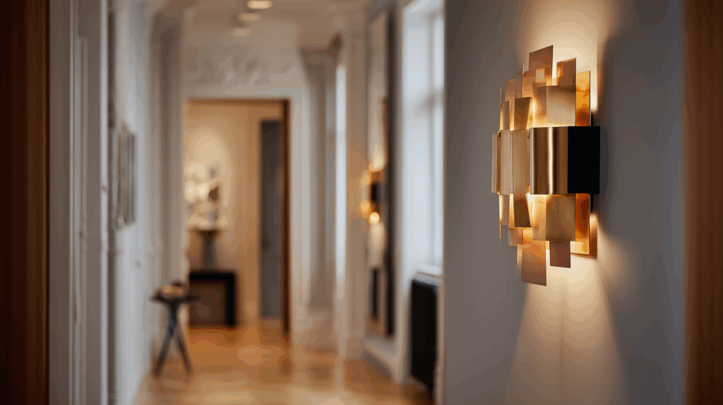 Modern geometric wall light illuminating an elegant hallway with wooden flooring and decorative molding.