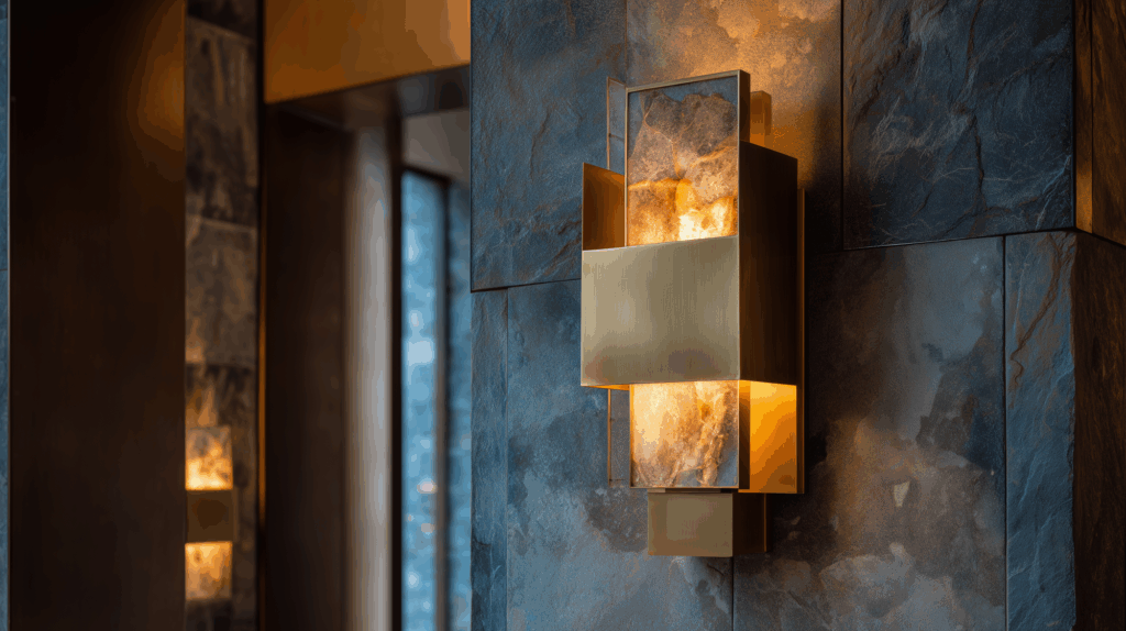 Modern wall sconce with geometric design and warm light, mounted on textured stone background.