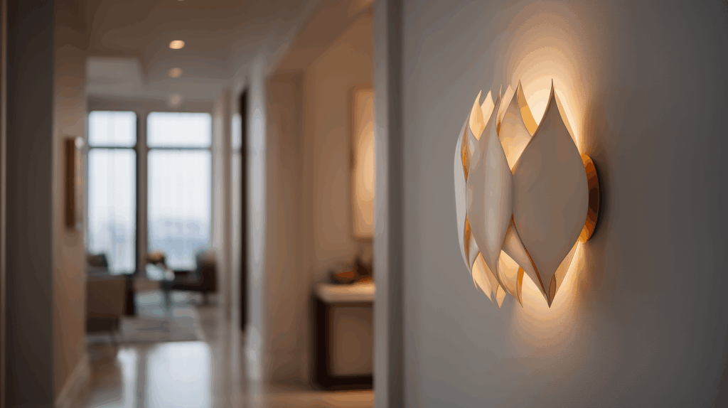 Elegant hallway with modern wall light fixture, soft focus living room background, warm ambiance lighting.