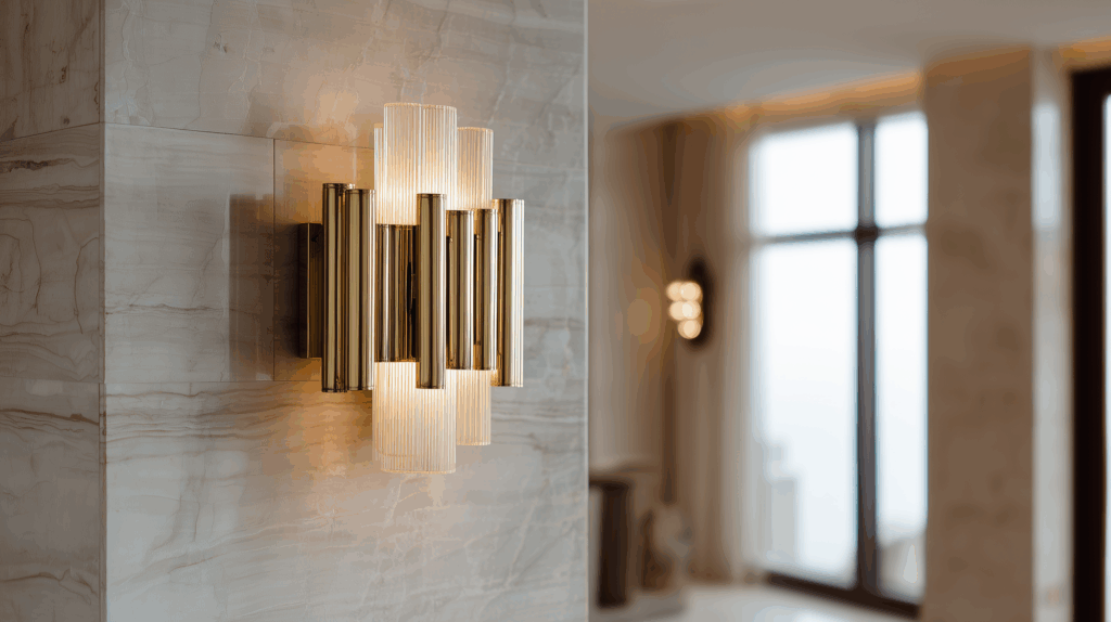 Modern brass and glass wall sconce in luxury interior with soft ambient lighting, elegant and stylish home decor.