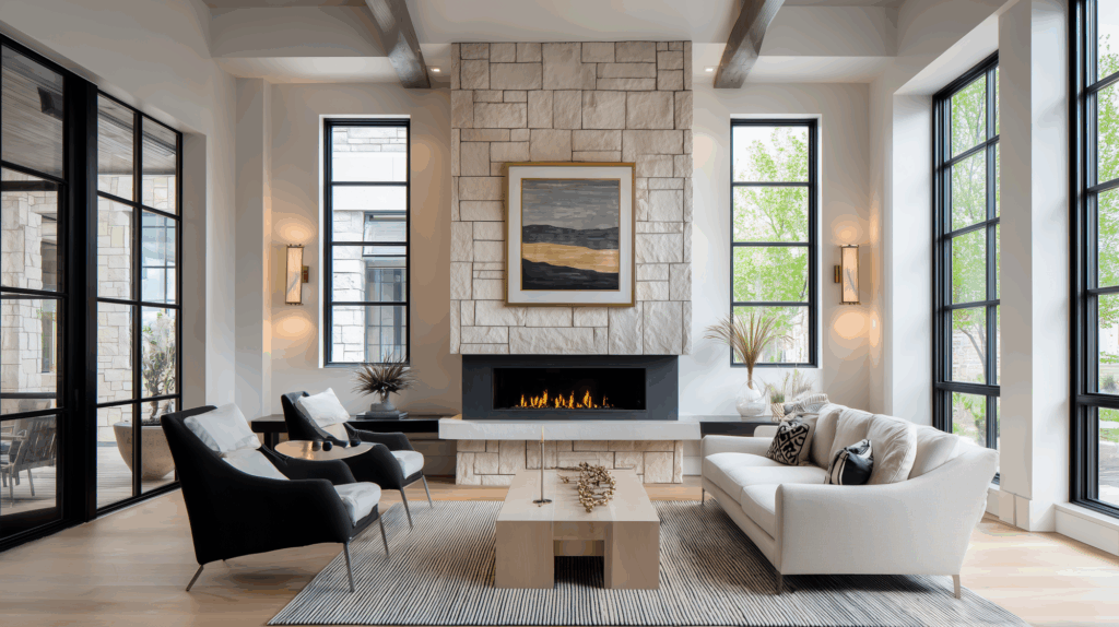 Modern living room with stone fireplace, tall windows, cozy seating, and elegant decor. Bright, airy, and stylish design.