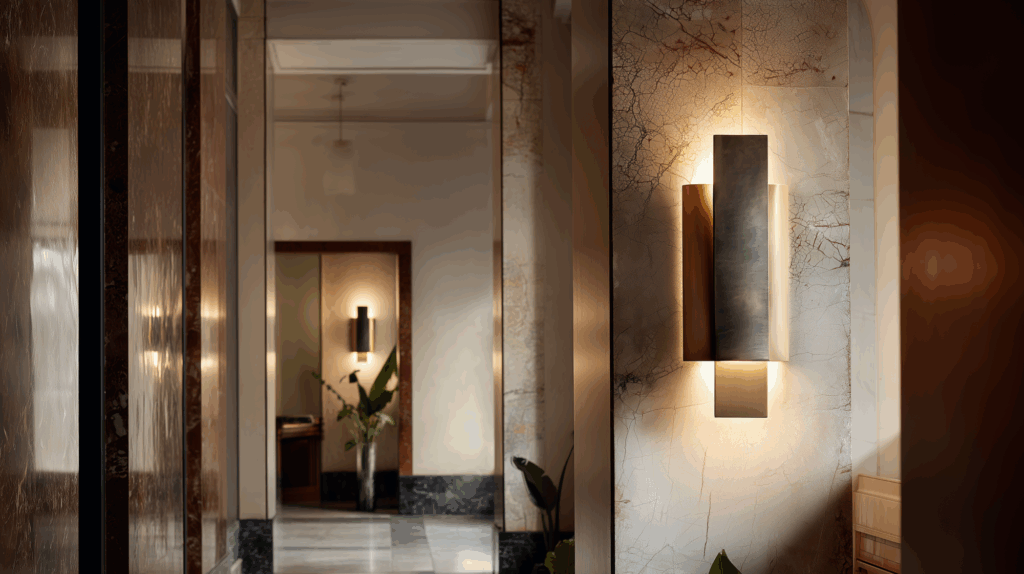 Modern hallway with elegant wall lighting, marble decor, and indoor plants creating a luxury ambiance.