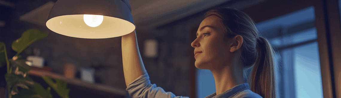 Woman cleaning a modern pendant lamp in cozy evening home setting.