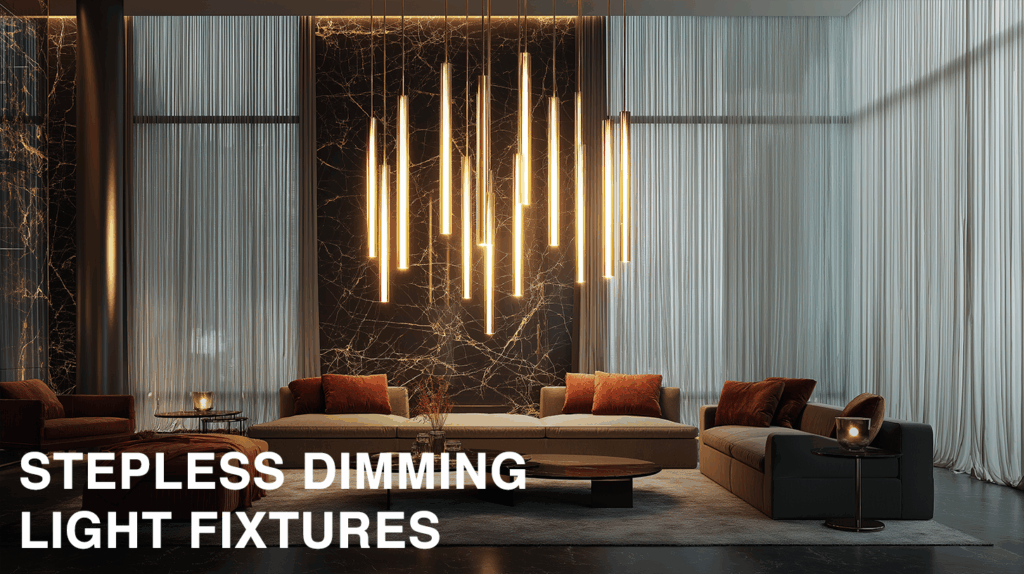 Modern living room with stepless dimming light fixtures, elegant sofas, and sheer curtains for a cozy atmosphere.