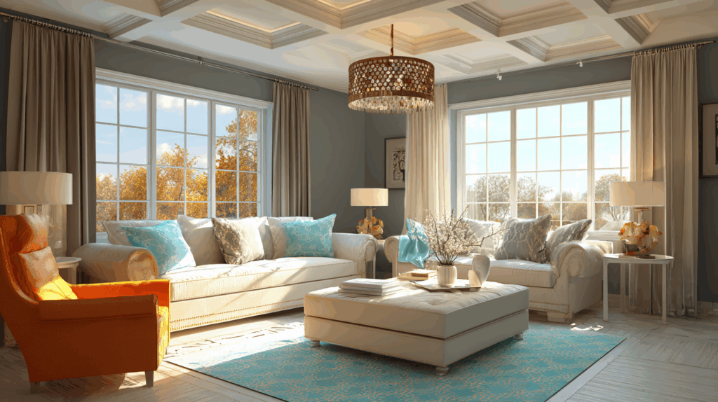 Bright living room with cozy sofas, orange chair, natural light, blue accents, and stylish decor.