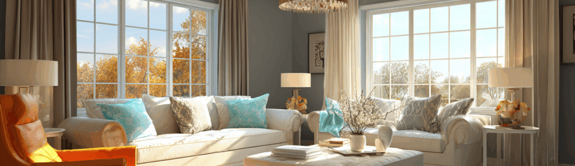 Bright living room with cozy sofas, orange chair, natural light, blue accents, and stylish decor.