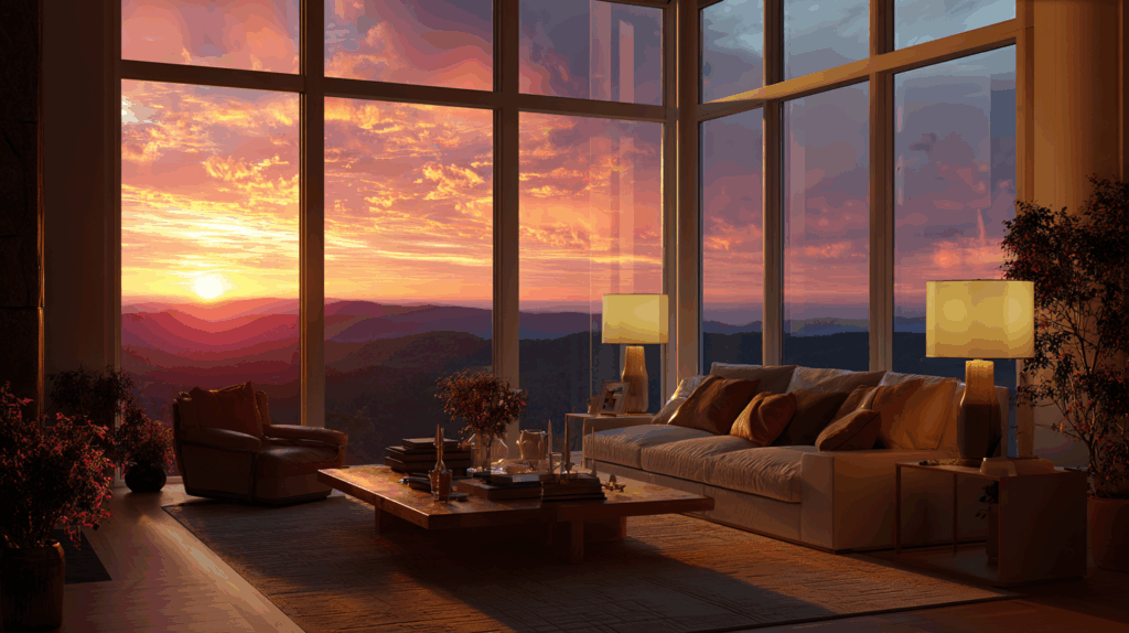 Cozy living room with panoramic windows overlooking a stunning sunset landscape, featuring modern decor and soft lighting.