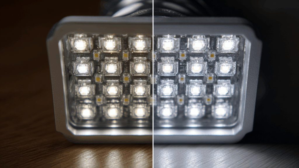 Close-up of LED light panel with dim and bright settings, showing energy-efficient illumination comparison.