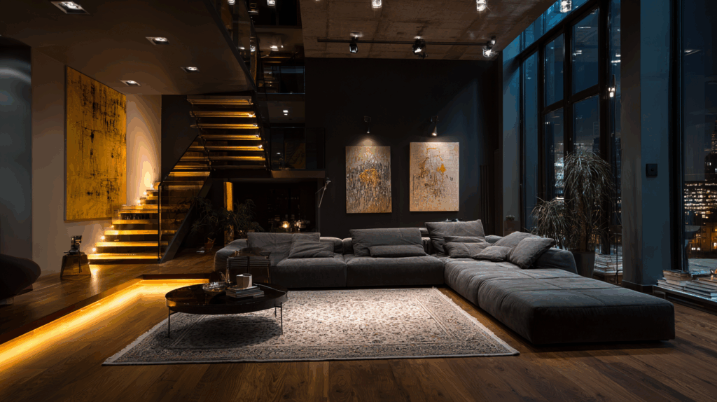 Modern living room with large gray sectional, illuminated stairs, abstract art, and city skyline. Cozy and stylish interior.