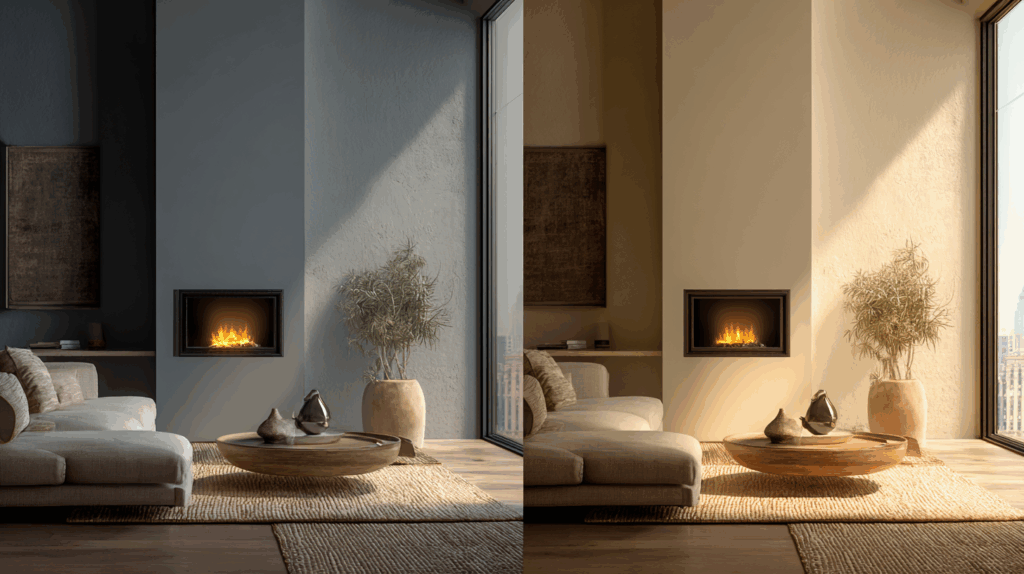 Modern living room with dual-tone walls, cozy fireplace, and plush seating for a stylish, inviting atmosphere.