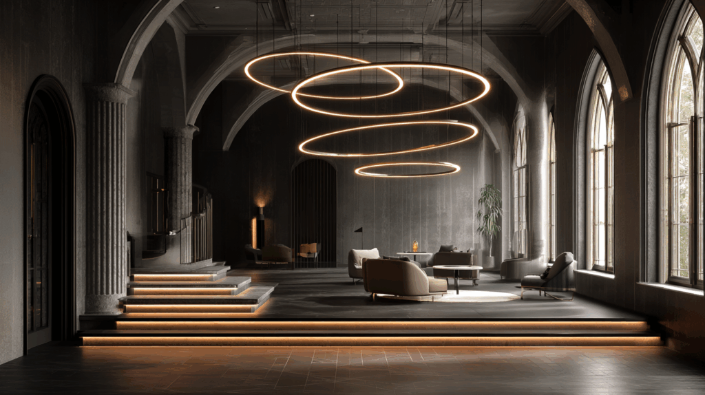 Modern, elegant lounge with circular LED lights, arched windows, and stylish furniture.