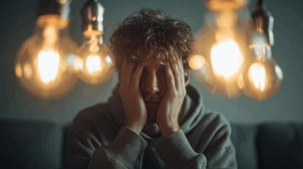 Person feeling stressed under bright hanging light bulbs.