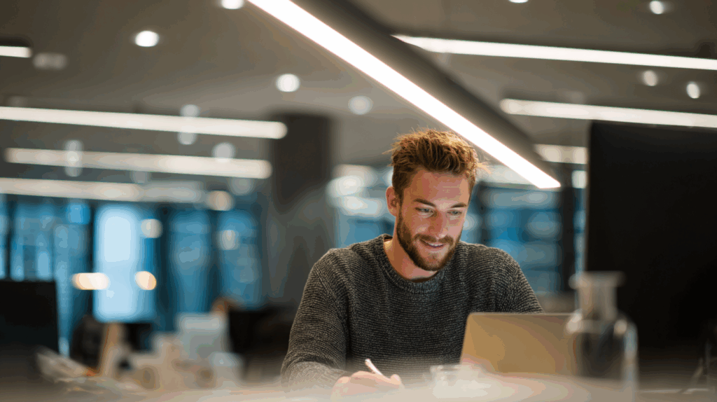 Man working intently on laptop in modern office environment.
