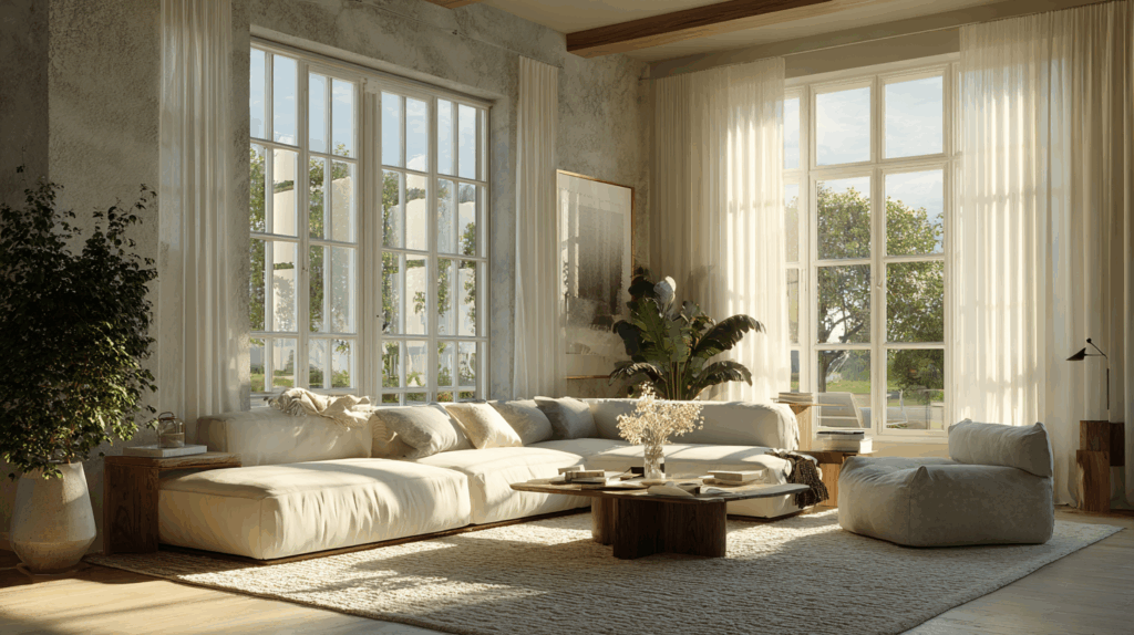 Bright, cozy living room with large windows, plush sofa, plants, and a wooden coffee table.