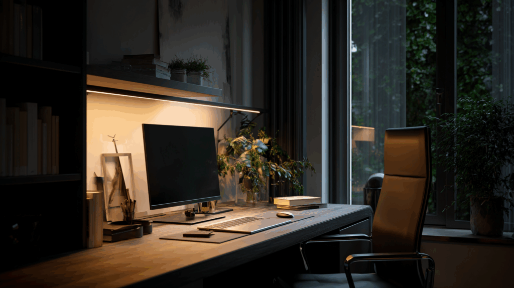 Modern home office with computer, books, plants, and natural light from a large window; cozy and organized workspace.