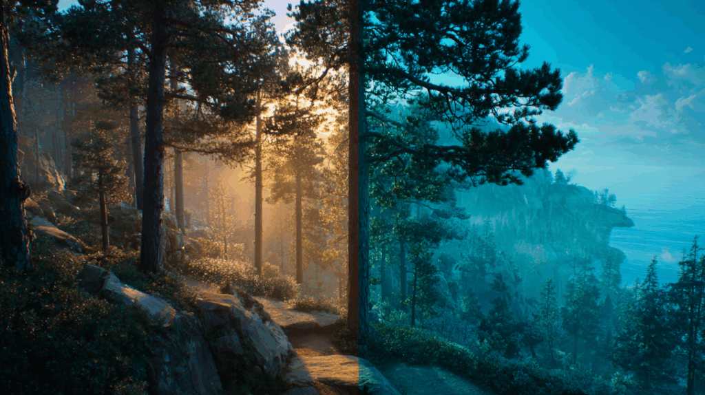 Sunlit forest transitioning into a misty blue ocean view, capturing nature's dual beauty.