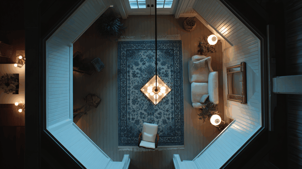 Cozy living room from above with elegant blue rug, modern lighting, and comfortable seating.