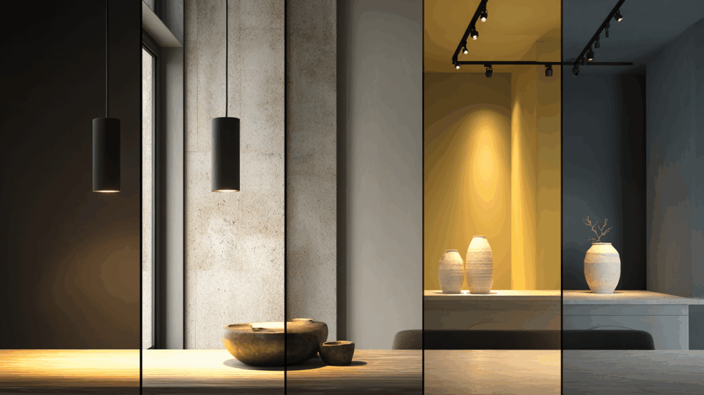 Modern interior design with earthy tones and track lighting, featuring decorative vases and wooden bowls.