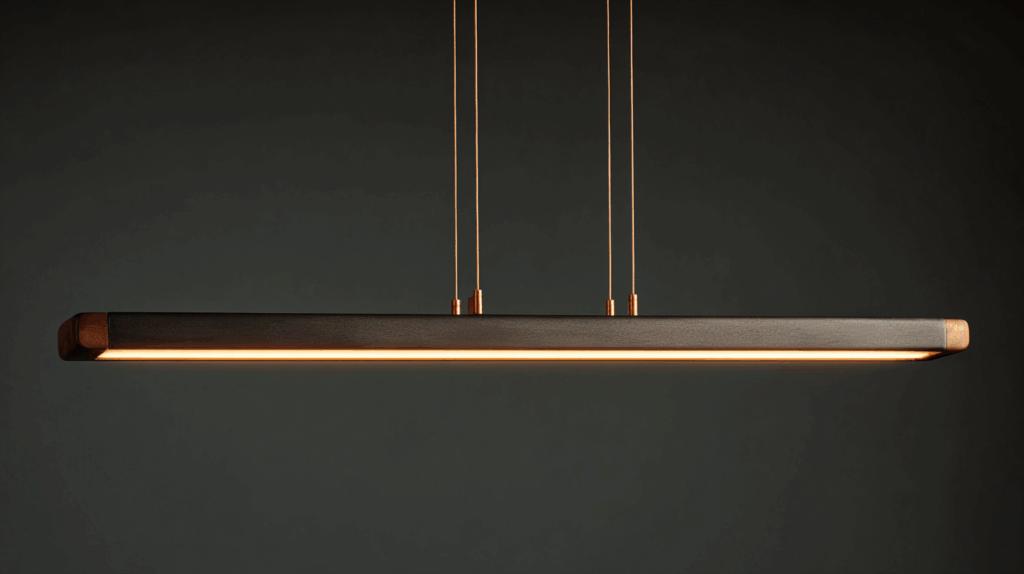 Sleek modern pendant light fixture with warm glow on a dark background, suspended by thin cables.