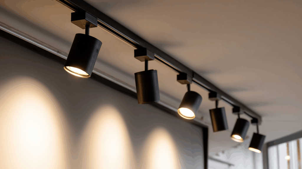 Modern black ceiling track lights illuminating a room interior.