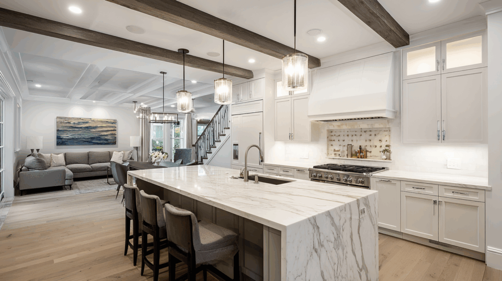 Modern kitchen and living room with marble island, cozy sofa, and wooden beams. Bright, elegant, and spacious design.
