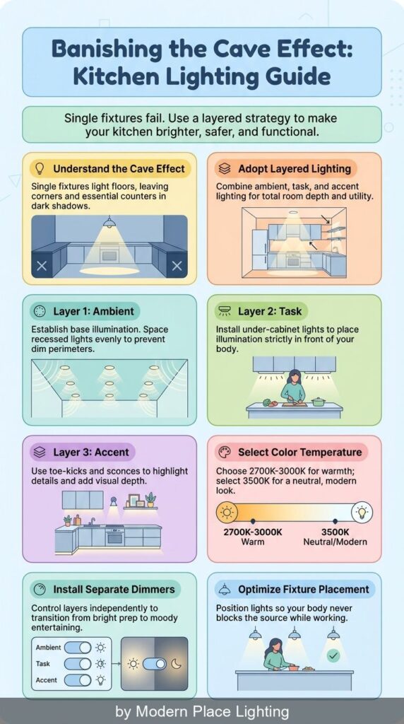 Kitchen lighting guide infographic: use layered lighting strategies for a brighter, safer space. By Modern Place Lighting.