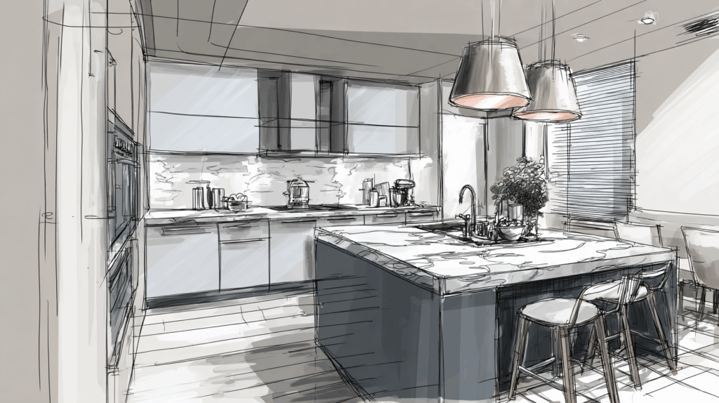 Modern kitchen design sketch with island, bar stools, and pendant lighting. Marble countertop and minimalist decor.