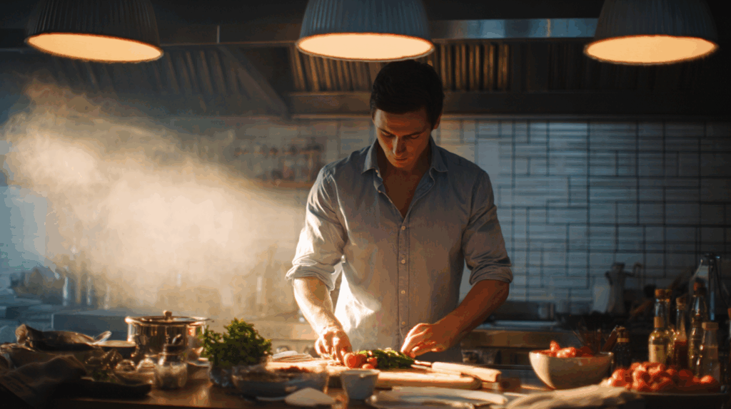 Chef preparing a meal in a kitchen, surrounded by ingredients and warm lighting ambiance.