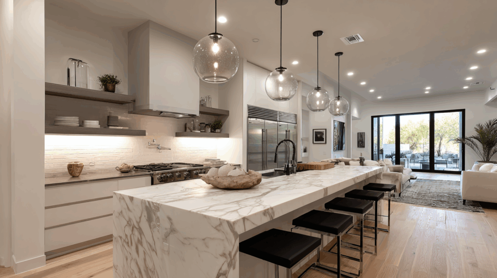 Modern kitchen with marble island, pendant lights, and spacious seating with a view of a lush patio.