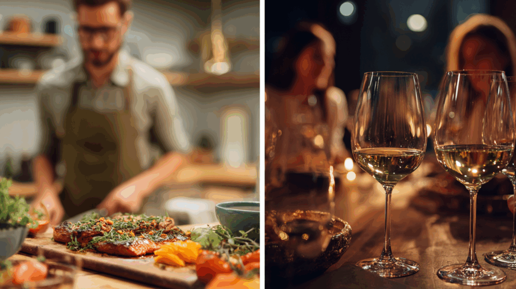 Chef preparing gourmet meal; wine glasses on a table with friends in the background for a cozy dinner setting.