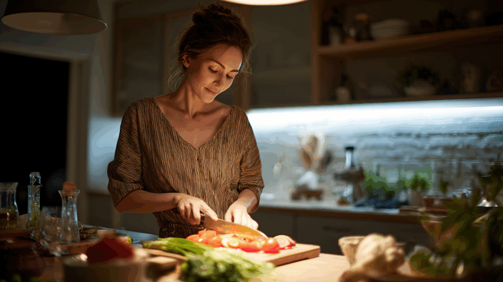 Woman cooking and chopping vegetables in kitchen at night.